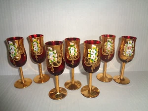 BOHEMIA Czech (7) CRYSTAL RUBY RED LIQUOR CORDIALS/ GLASSES w/ Applied Flowers - Picture 1 of 13