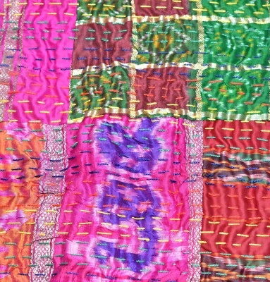 Kantha coverlet Handmade Bed Sheet Queen Bedcover Indian Cotton Throw Bedspread - Image 1 of 3