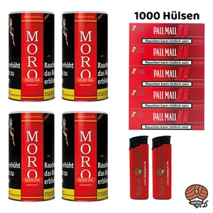 4x Moro Rot Golden Shag Feinschnitt-Tabak Dose à 150g + Xtra Hülsen + Feuerzeuge