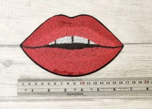 Large Lips iron on patch, sequin sew on Mouth Applique, Red Sexy Lips 17cm, Hen - Picture 1 of 5