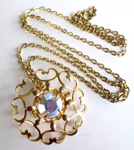 "Spilla Ciondolo Vintage Pizzo Trasparente Borealis Tono Oro Collana Catena Catena 24" - Foto 1 di 6