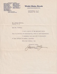 James F. Byrnes, South Carolina Senator, Supreme Court Justice signed Letter - Picture 1 of 1