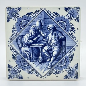 vtg blue Transfer ware Belgium Ceramic Art tile people drinking 6” X 6” Delft - Picture 1 of 9