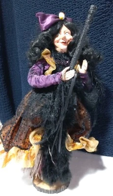 Halloween 18" Witch Doll W/Broom Purple Gold Dress Cobweb Design Standing - Image 1 of 4