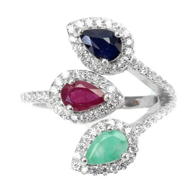 925 Sterling Silver Ring Pear Ruby Emerald Sapphire 6x4mm Gemstone Jewelry - Image 1 of 4