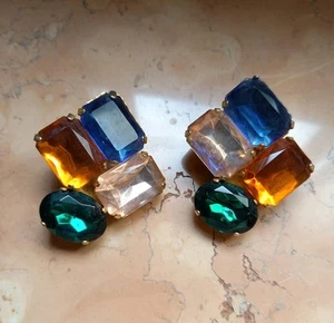 Orecchini Clips Anni 80 Tono Oro Con Pietre Colorate - Foto 1 di 4
