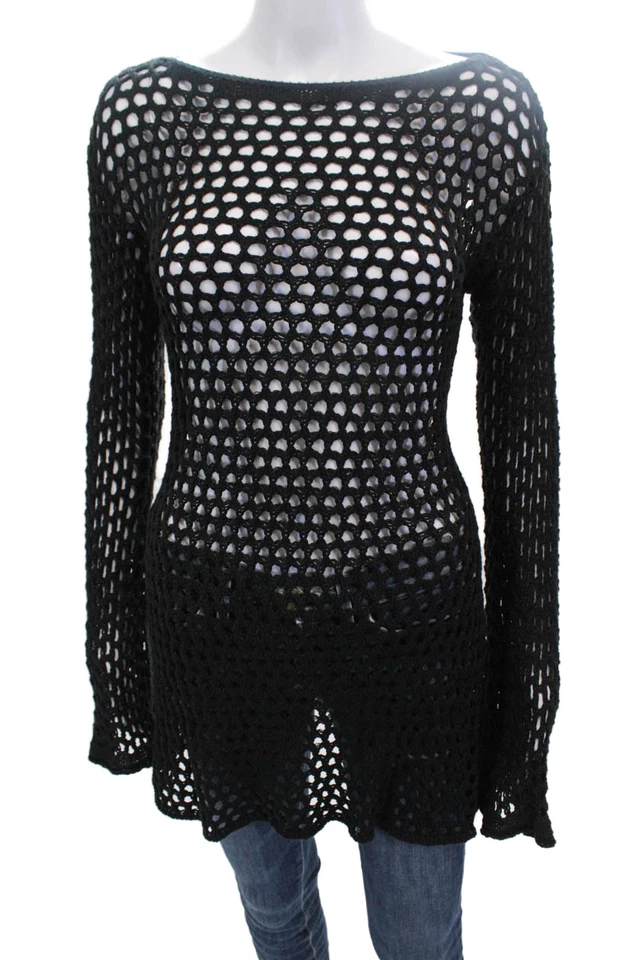 Vix Paula Hermanny Womens Round Neck Long Sleeve Crochet Top Black Size XS - Image 1 of 4