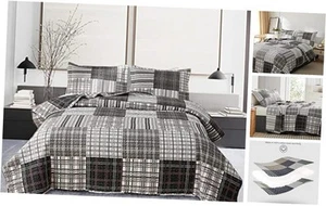 King Size Quilt Set Bedding Plaid Patchwork Bedspread Set Soft Lightweight - Picture 1 of 7