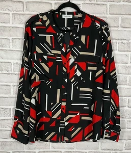 Calvin Klein Top Womens Sz XL Black Red Geometric Button Pockets Long Sleeves - Picture 1 of 7