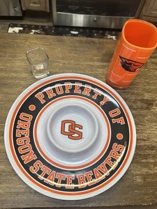 2008 Oregon State BEAVERS NCAA Chip & Dip Serving Tray 12" +tumbler + Shot Glas - Picture 1 of 12