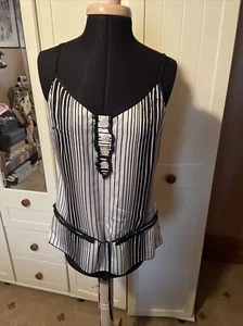 MISS SELFRIDGE Ladies Ivory Black Stripe Silk Sleeveless Tie Back Top Size 12 - Picture 1 of 11