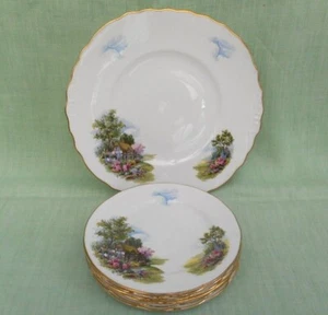 Vintage Royal Vale bone china cottage scene cake plate & 6 round side plates - Picture 1 of 6