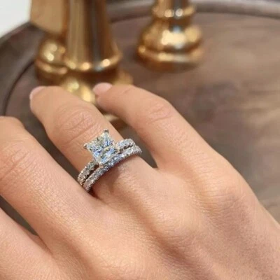 Solid 14K White Gold Bridal Set Engagement Ring 2.5 Carat Princess Cut Moissanit - Image 1 of 4