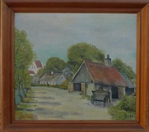MONOGRAMA DESCONOCIDO / CARRETERA DEL PUEBLO CON CARRO DE CABALLOS / PINTURA AL ÓLEO FECHADA 1940 - Imagen 1 de 9
