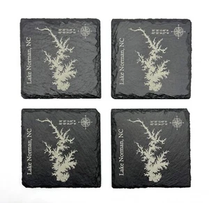 Lake Norman, NC Laser Engraved on Slate Rock  - Set of 4 Drink Coasters - Picture 1 of 7
