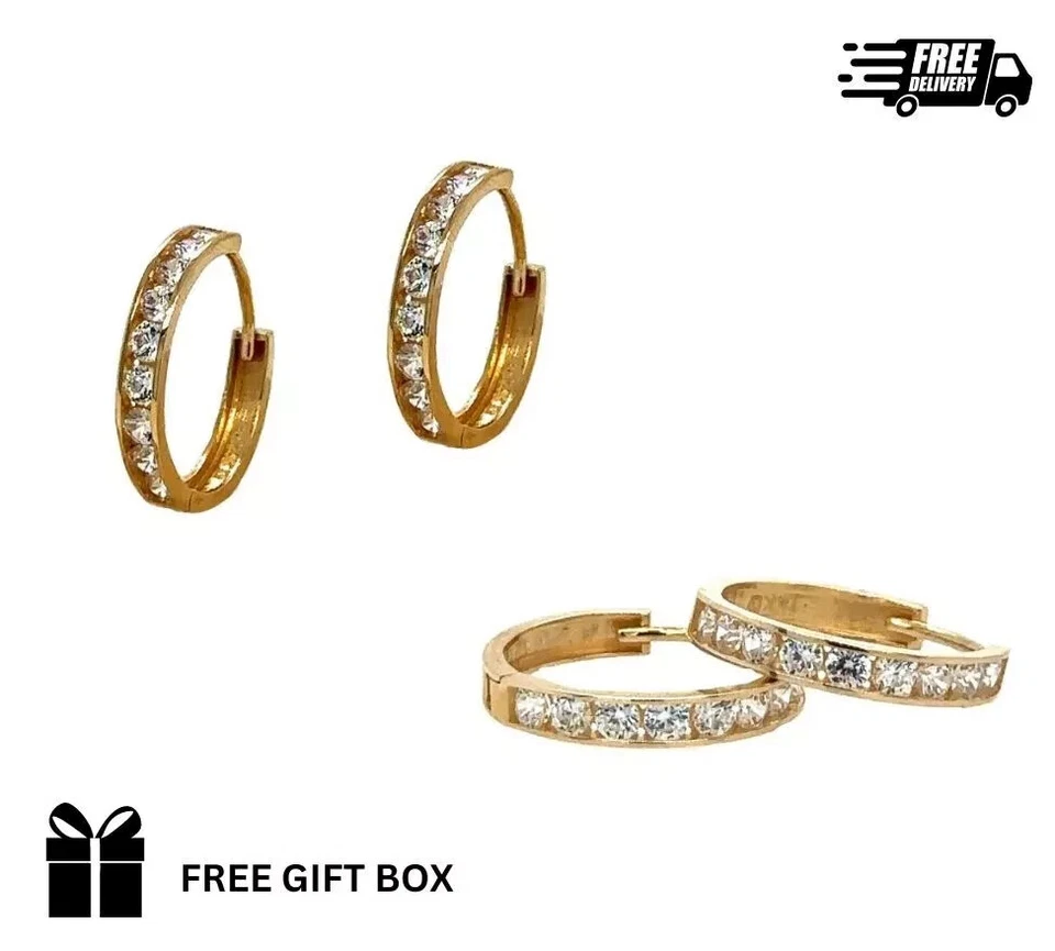 Solid 14K Yellow Gold Huggie Hoop Earrings with Cubic Zirconia Stones - Image 1 of 4