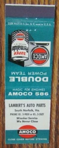 LAMBERT'S AMOCO GASOLINERA MATCHBOOK MATCHCOVER: SOUTH NORFOLK, VIRGINIA -E1 - Imagen 1 de 2