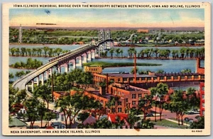 Vtg Iowa Illinois Memorial Bridge between Bettendorf Moline 1930s View Postcard - Picture 1 of 2