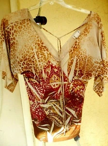 VTG MKM DESIGNS USA MADE M S BROWN LEOPARD PAISLEY EMPIRE WAIST TOP BLOUSE WOMEN - Picture 1 of 8