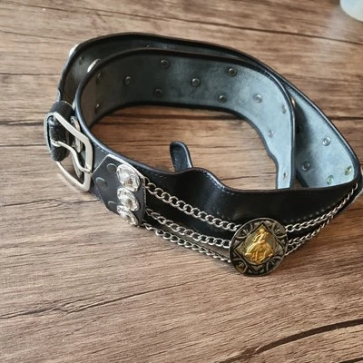 Винтажный Аргентина гаучо кожаный ремень монеты родео медальон Western черный широкий ковбой - Изображение 1 из 4