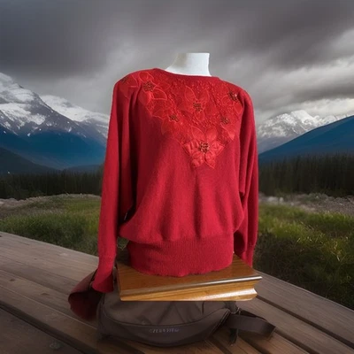 Suéter Vacacional Vintage Diana Marco Talla 22W Lentejuelas Rojas Encaje Poinsettia Foto 1 de 4