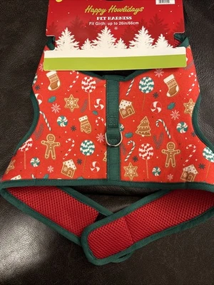 New Christmas Holiday Pet Harness Up To 26” Girth Dog Gingerbread Candy Cane Red - Image 1 of 3