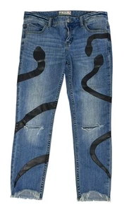 FREE PEOPLE Upcycled Custom Hand Painted Snake Raw Hem Festival Ankle Jeans W29 - Picture 1 of 8