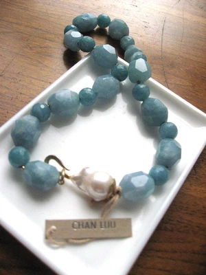 Chan Luu Necklace Pearl Baroque w Gold & Aquamarine Odyssey Signed Hook NWT $395 - Image 1 of 4