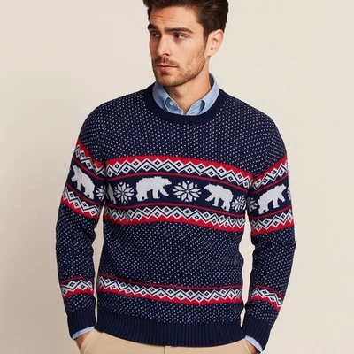 Aspen Polar Bear Fair Isle Knit Sweater Size L Blue Red Long Sleeve Christmas - Image 1 of 4