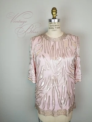 Blusa de cóctel vintage Scala rosa pálido plateado con cuentas de vidrio 100 % seda * Pequeña Foto 1 de 4