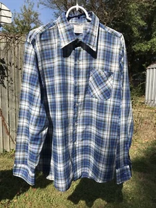 Vintage Sears Perma-Prest Button Down Plaid Shirt XL Blue - Picture 1 of 5