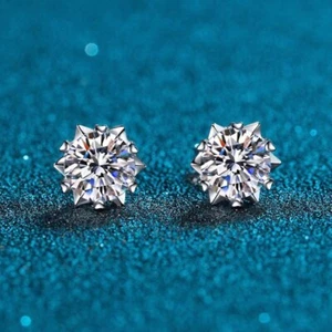 0.3-1ct D Color Moissanite Snowflake Stud Earrings S925 Silver Platinum Finished - Picture 1 of 11