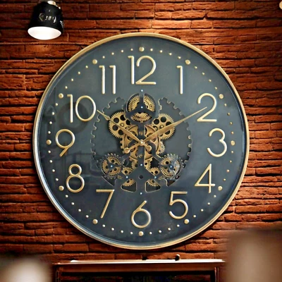 Black 60cm Wall Clock with Moving Gears, Roman Numerals & Quartz Battery-Powered - Image 1 of 4