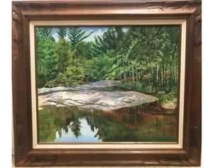 Pintura de paisaje original Still Forest Pond Maine 20x24 Kathleen Powers enmarcada - Imagen 1 de 6
