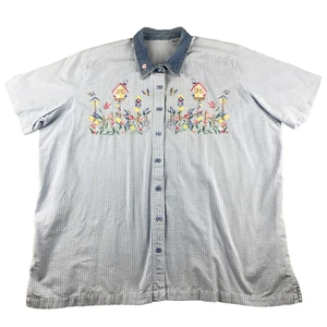 VTG Button Up 22W/ 24W Denim Collar Blue Gingham Check Embroidered Birdhouses - Picture 1 of 8