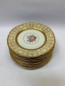 antique set of 12 Pickard Bavaria gold encrusted floral rimmed porcelain plates - Picture 1 of 9
