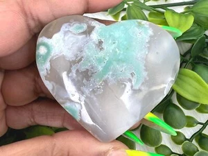 Green Flower Agate Heart - 45MM UNIQUE Green Flower Agate Heart - 54g Green - Picture 1 of 10