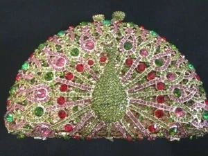 New Gold With Multi Color Pastel Crystal Peacock Evening Clutch Bag - Picture 1 of 3