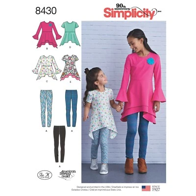 SIMPLICITY 8430 GIRLS KNIT TUNICS & LEGGINGS Sewing Pattern Sizes 3-6 & 7-14 - Image 1 of 3