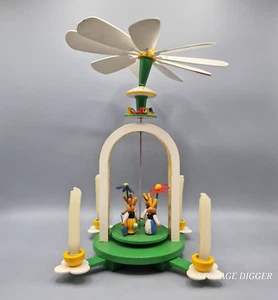 VTG Eduscho Easter Bunnies Candle Holder Spinning German Windmill Carousel 13" - Picture 1 of 16