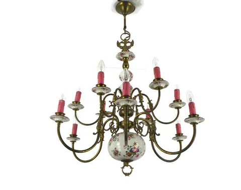 Large Flemish Dutch  Chandelier 12 !Arms Lights Ceramic Brass Italian Style Cover