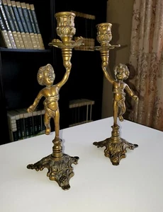 GENUINE STAMPED ANTIQUE ITALIAN INTRICATE BRASS CHERUB ANGEL CANDLESTICK HOLDERS - Picture 1 of 12