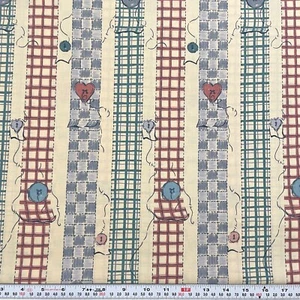 Vintage Sewing Theme Buttons Hearts Plaid Striped Cotton Fabric Remnant 23"x45" - Picture 1 of 2