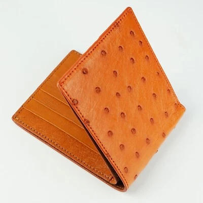 Cartera de cuero plegable naranja tostado avestruz para hombre hecha a mano billetera clásica bloque RFID Foto 1 de 4
