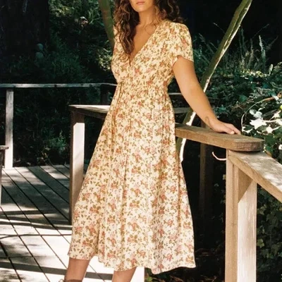 Vestido Christy Dawn Mujer Pequeño Marfil Inglés Rosa Floral Simple Amanecer Midi Foto 1 de 4