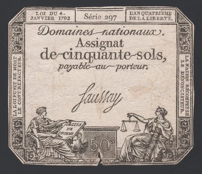 France 50 sols 1792.01.04. Assignat Serie 297 A56 aF - Image 1 of 4