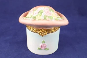 Trinket Box MAUVE HAT on White Base Hinged Porcelain Small - Picture 1 of 14