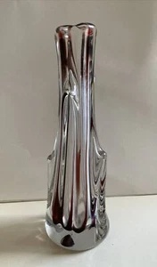 Vintage 60s Bohemian Czech art Glass Vase Clear With red Stripe 33cm - Picture 1 of 24