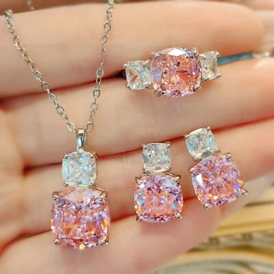 3pc Set Ice Flower Cut Pink Topaz Amethyst Gems Charm Women Silver Necklace Ring - Image 1 of 4