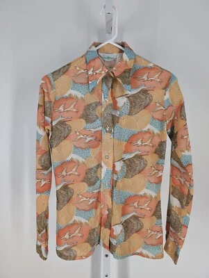 Vintage 70s Mod Disco AOP Seagull Tiger Art Geometric Shirt 34" Soft Big Collar - Image 1 of 4
